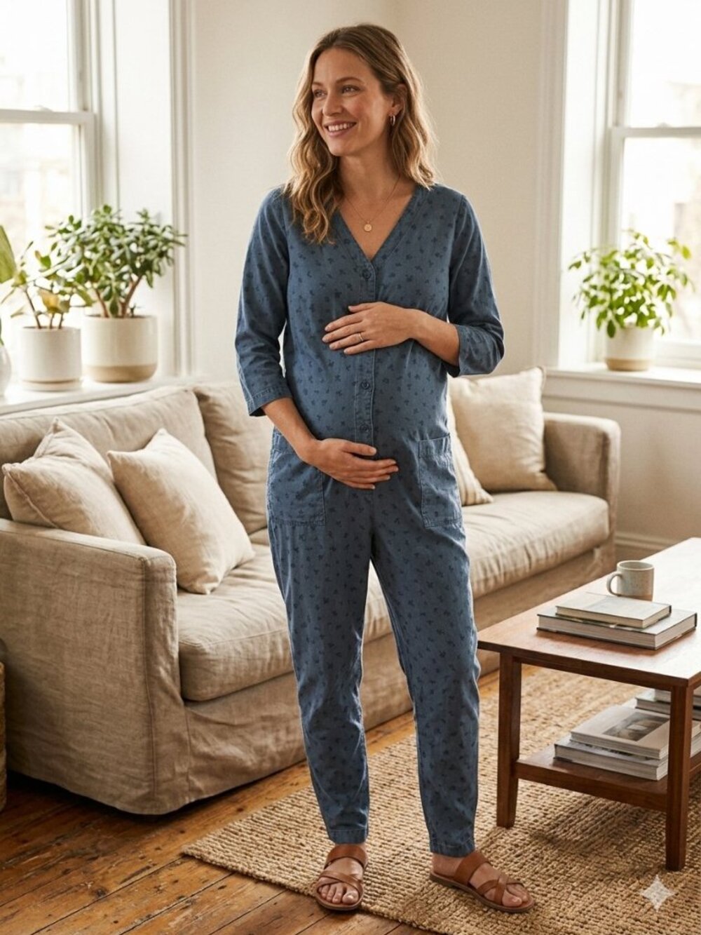 The Nines by Hatch Small Blue Floral Button-down Cropped Maternity Jumpsuit 3392